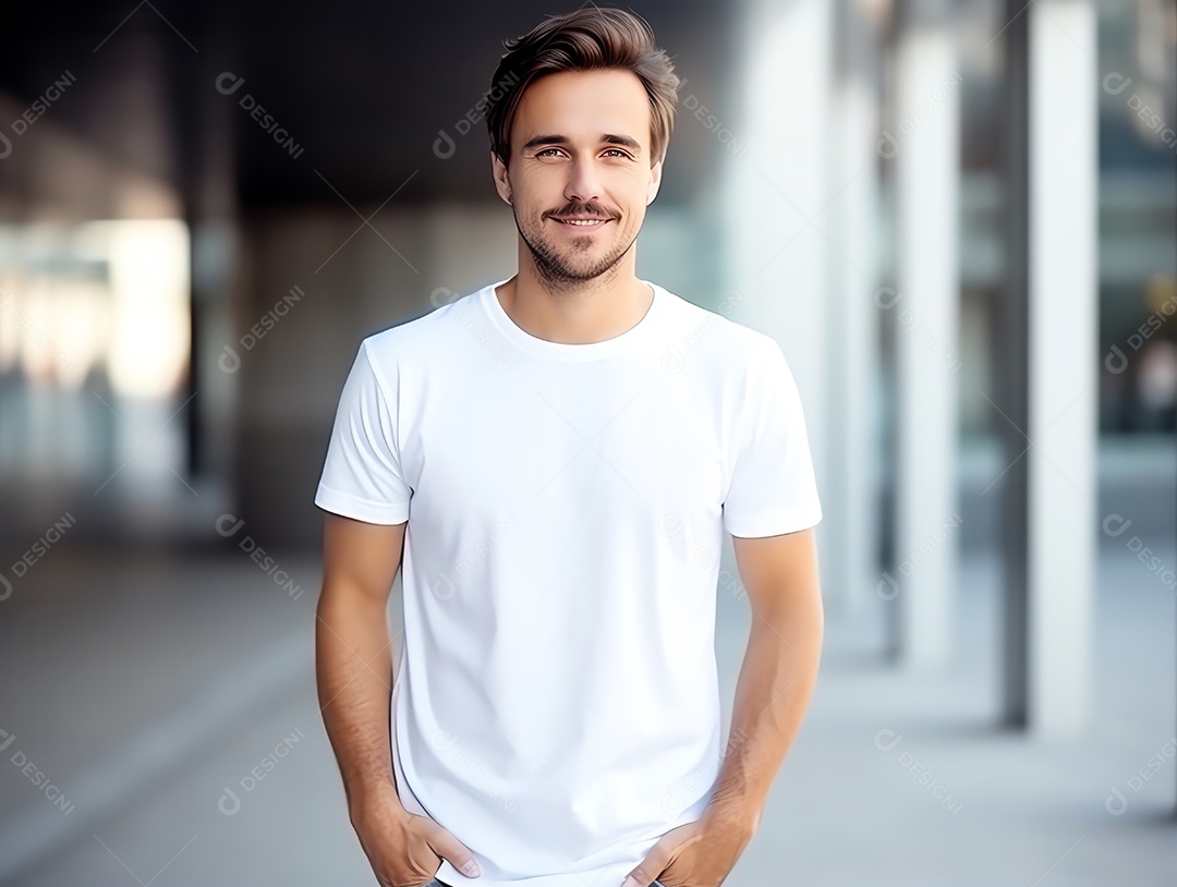 Homem caucasiano atraente usando maquete de camiseta branca vazia em branco para modelo de design