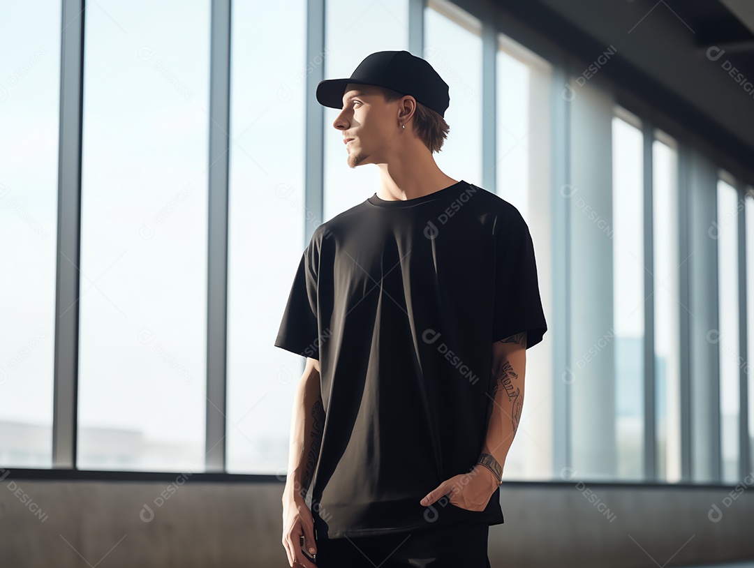 Homem caucasiano atraente vestindo maquete de camiseta preta vazia e grande para modelo de design