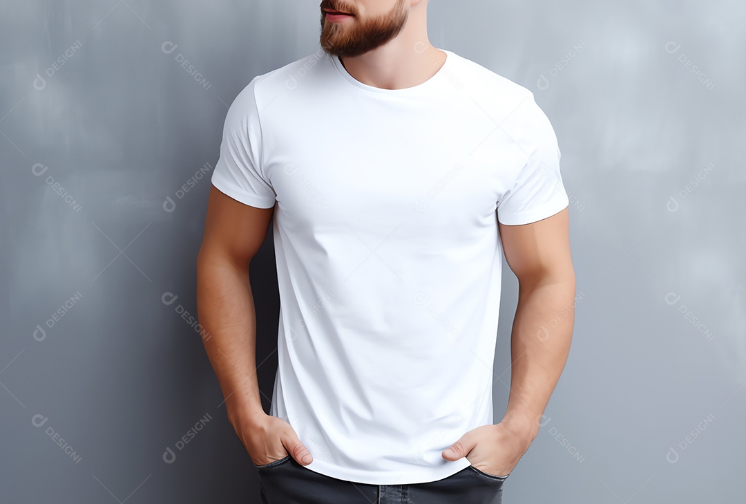 Homem caucasiano atraente usando maquete de camiseta branca vazia em branco para modelo de design