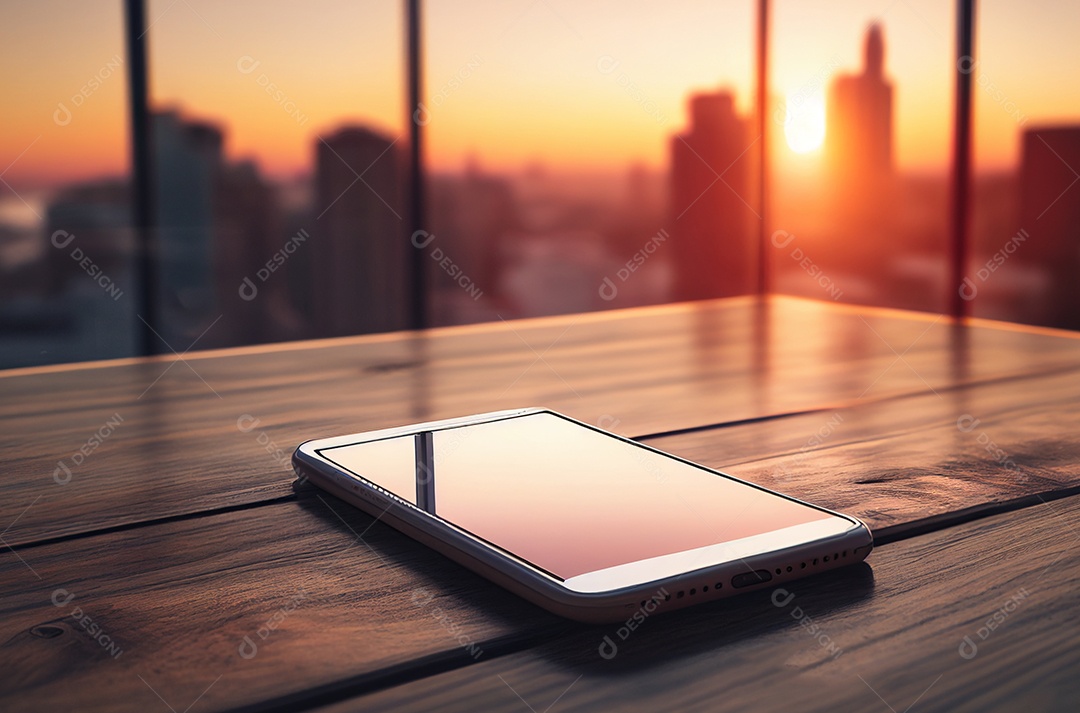 Tela vazia em branco do telefone móvel na mesa de madeira sobre a janela com pôr do sol e fundo de vista da cidade do skyscaper