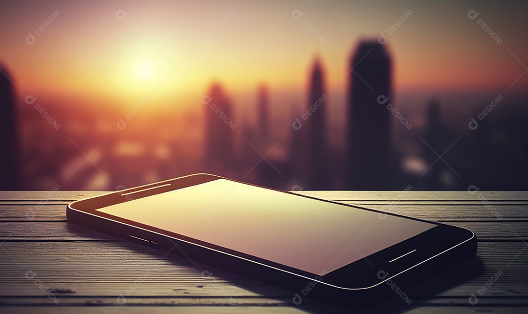 Tela vazia em branco do telefone móvel na mesa de madeira sobre a janela com pôr do sol e fundo de vista da cidade do skyscaper
