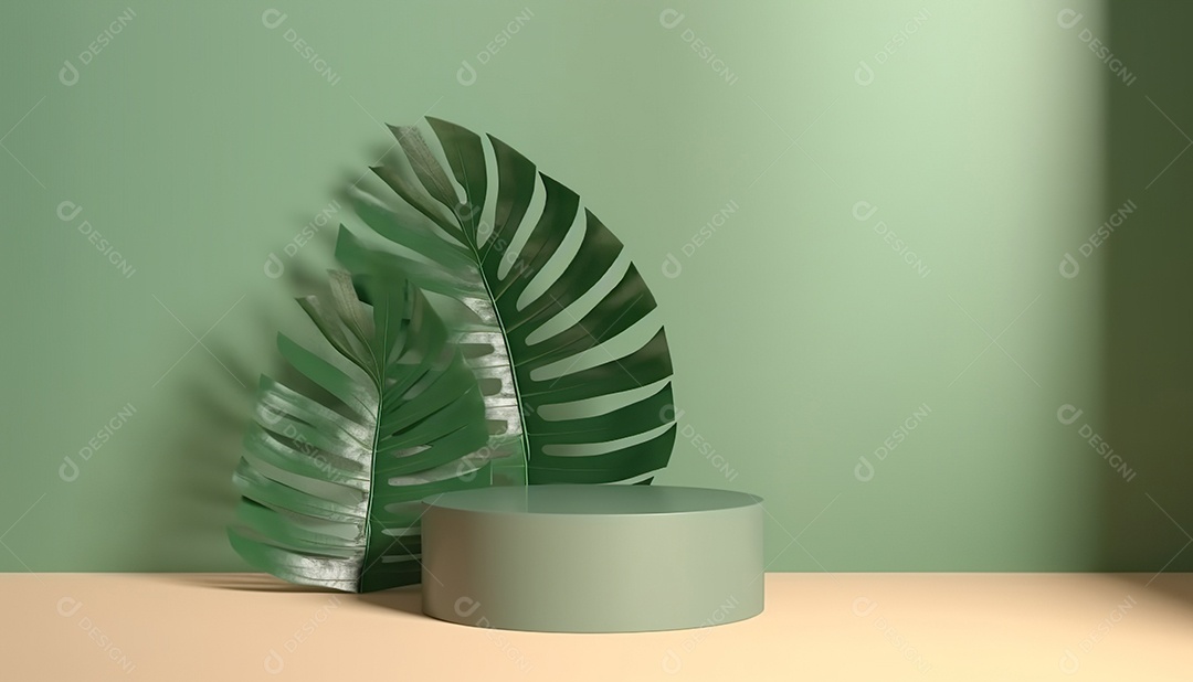 Fundo verde de pódio vazio abstrato mínimo com folhas, para maquete de apresentação de exibição de produto