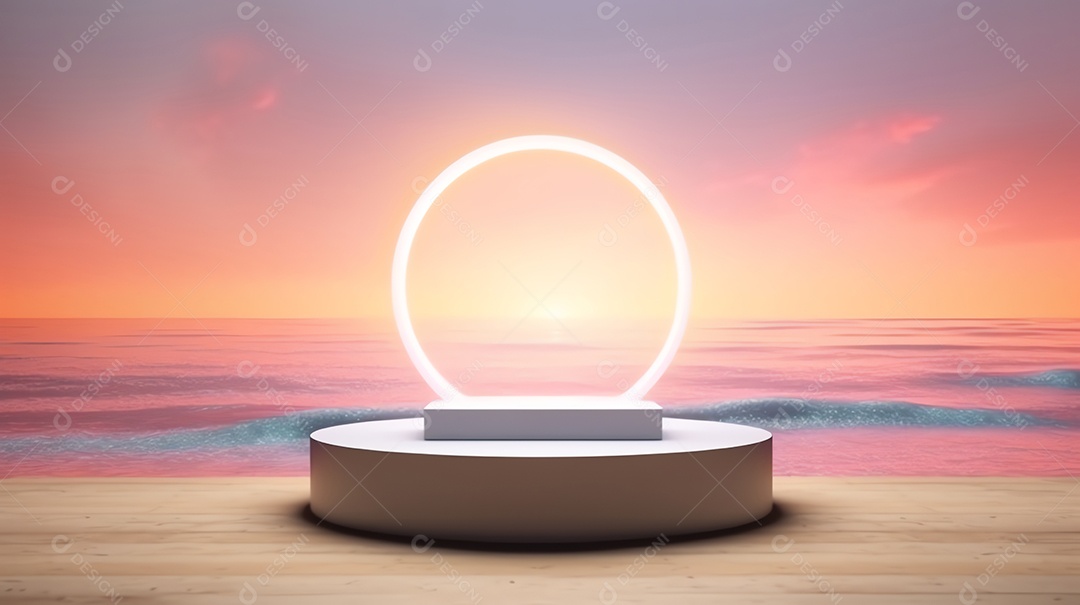 Pódio abstrato para apresentação de embalagens orgânicas e produtos no fundo do pôr do sol da praia de areia de verão