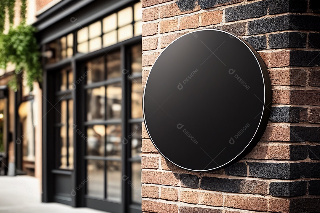 Tabuleta preta de círculo redondo em branco simulando loja de rua ou empresa na parede, modelo de outdoor
