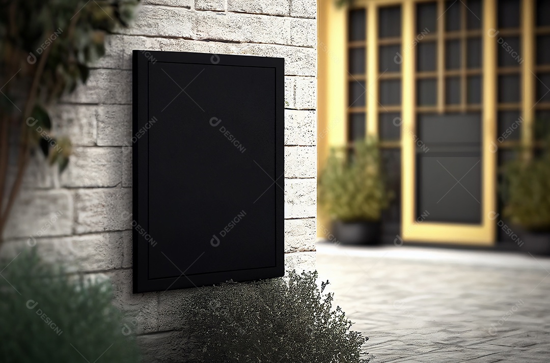 Placa preta em branco simulando loja de rua ou empresa na parede, modelo de outdoor