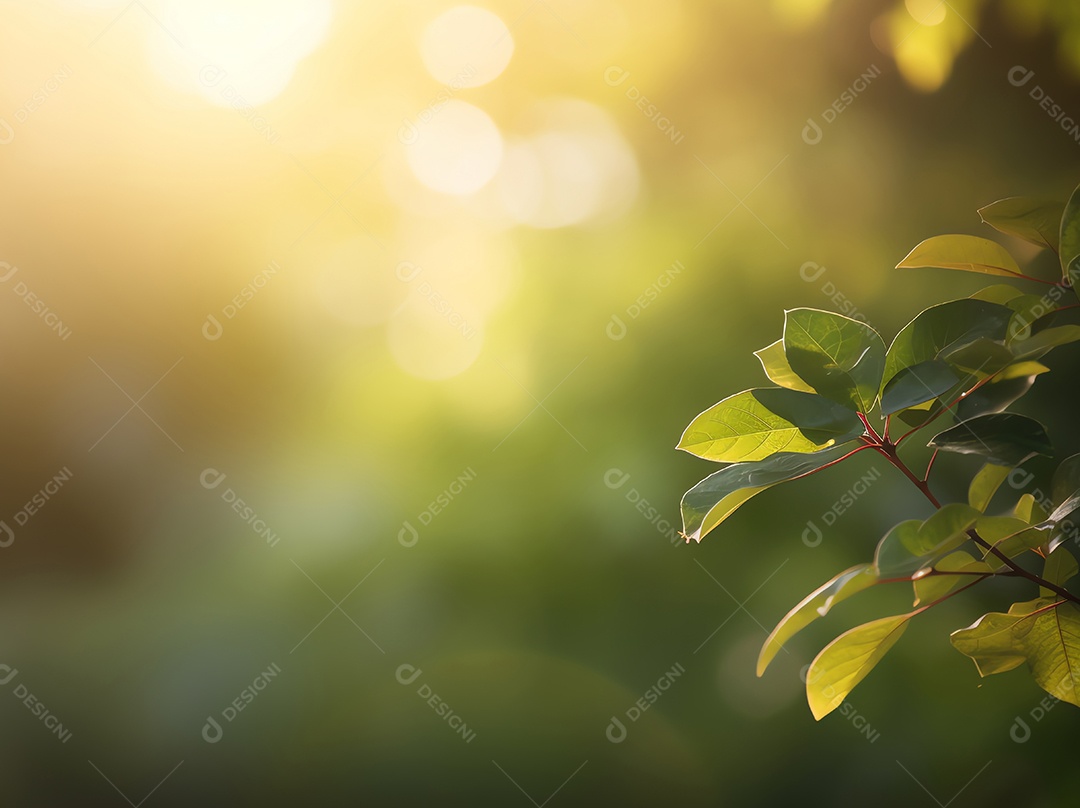 Ramo de árvore com folhas em frente à luz quente e ensolarada, fundo desfocado, conceito de primavera