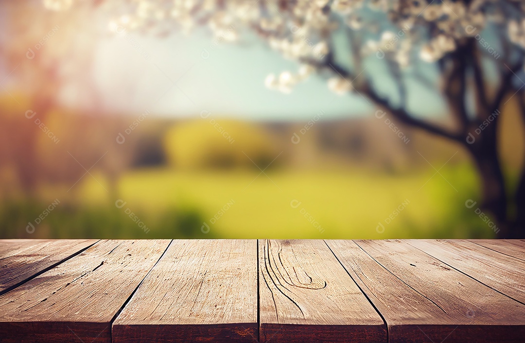 Mesa de madeira vazia abstrata com espaço de cópia sobre fundo desfocado de primavera e verão