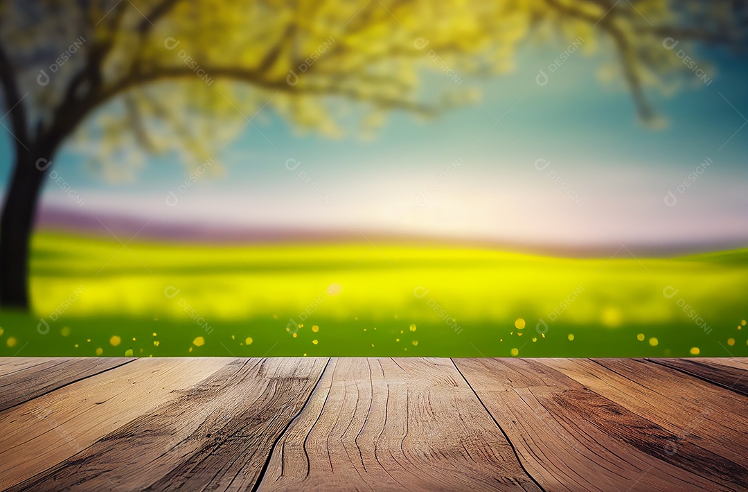 Mesa de madeira vazia abstrata com espaço de cópia sobre fundo desfocado de primavera e verão