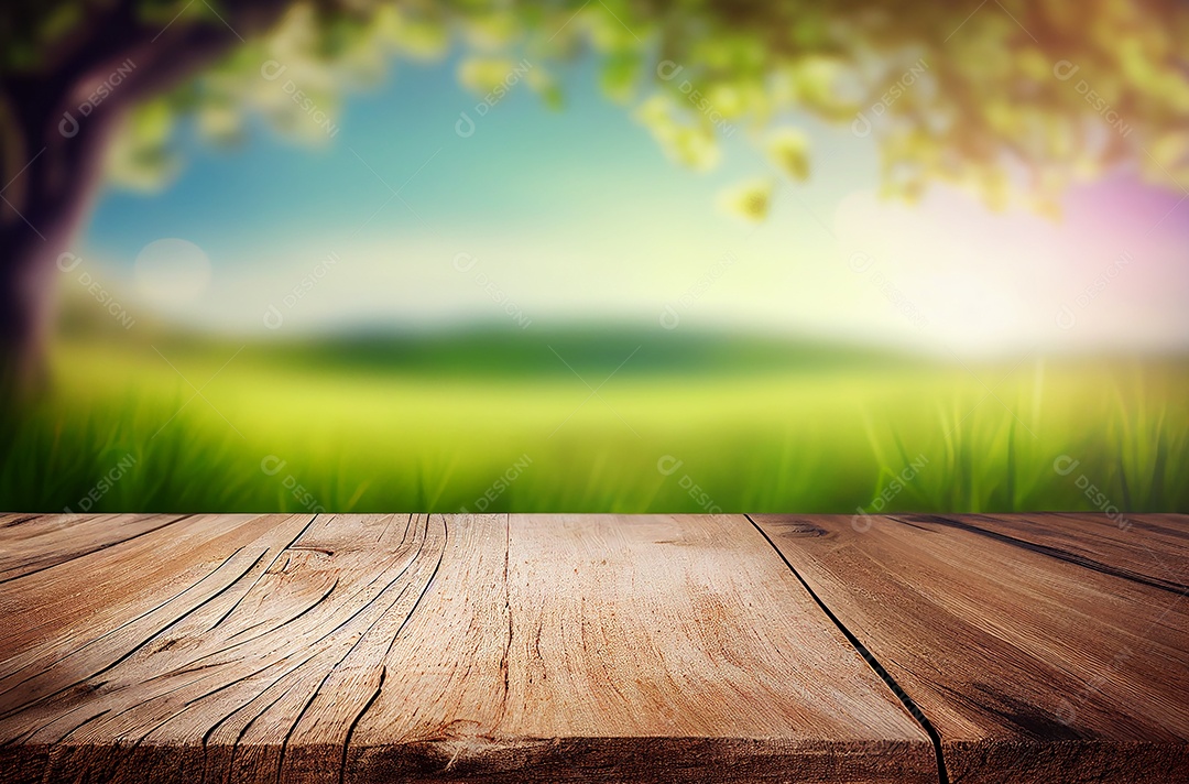 Mesa de madeira vazia abstrata com espaço de cópia sobre fundo desfocado de primavera e verão