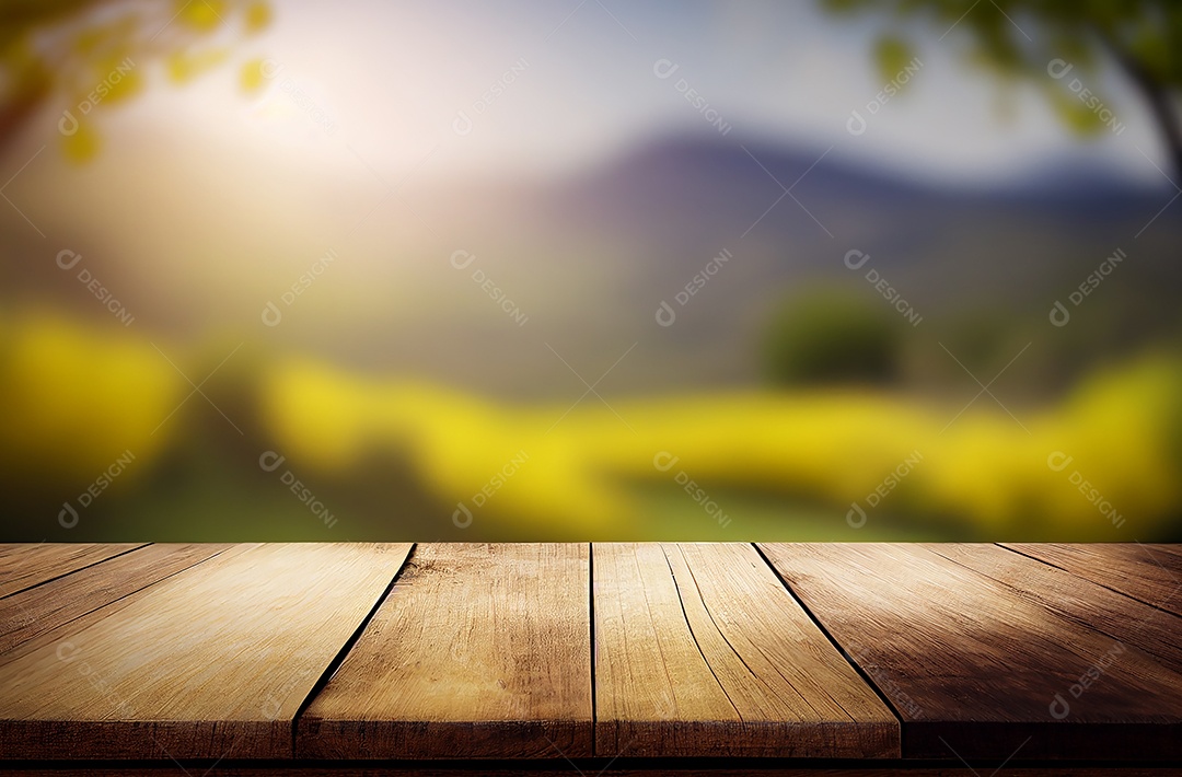 Mesa de madeira vazia abstrata com espaço de cópia sobre fundo desfocado de primavera e verão