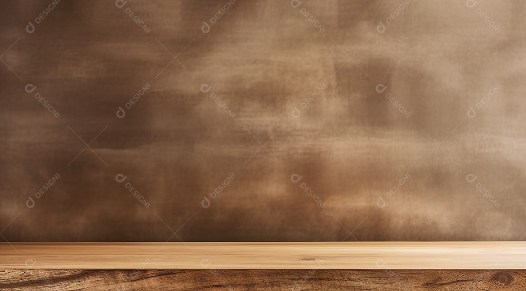 Mesa de madeira em branco sobre fundo de parede marrom, maquete e exibição para apresentação em cozinha e restaurante