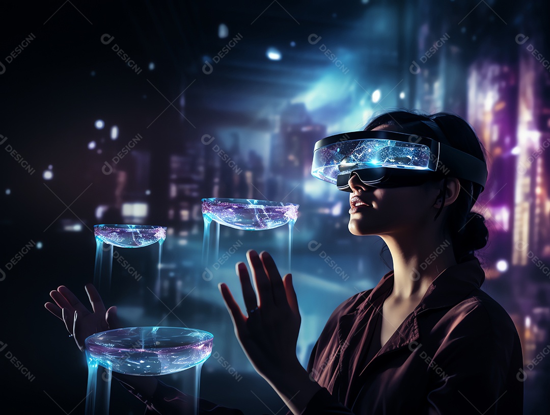Mulher usando fone de ouvido de realidade virtual, olhando em volta para uma exposição de tecnologia interativa com iluminação de projetor multicolorido