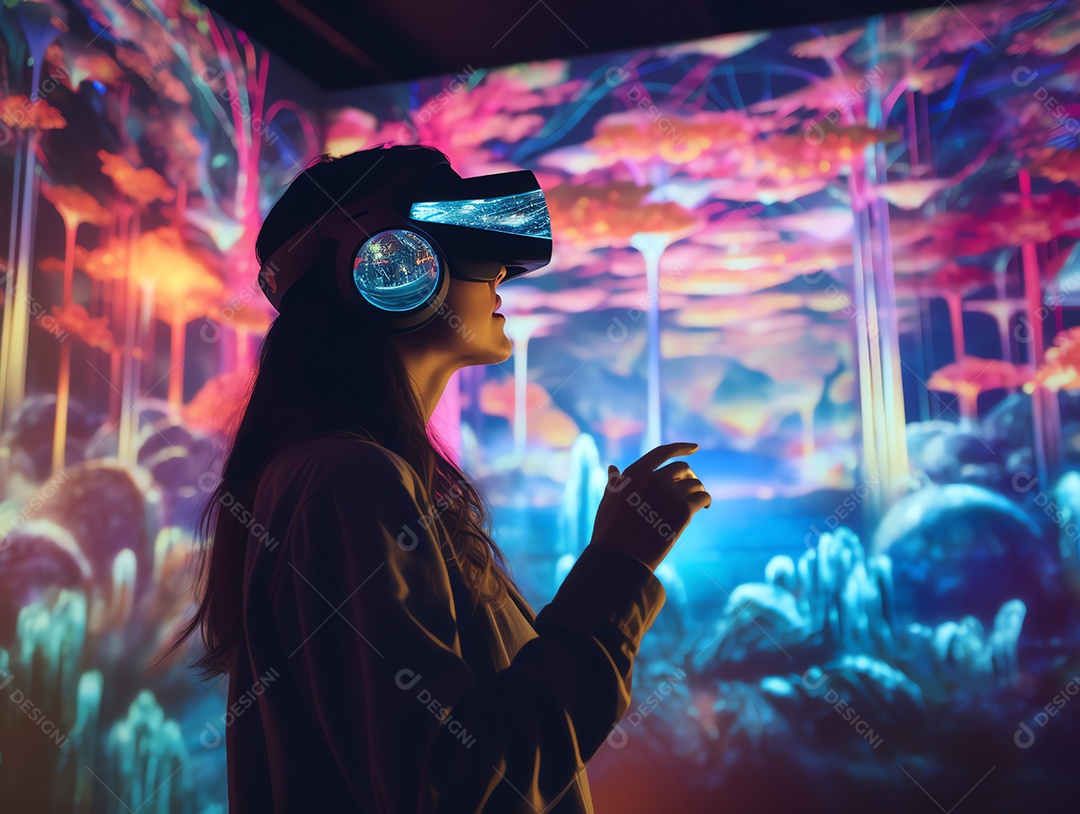 Mulher usando fone de ouvido de realidade virtual, olhando em volta para uma exposição de tecnologia interativa com iluminação de projetor multicolorido