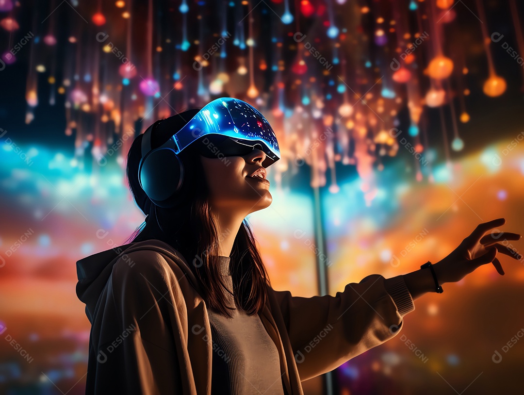 Mulher usando fone de ouvido de realidade virtual, olhando em volta para uma exposição de tecnologia interativa com iluminação de projetor multicolorido