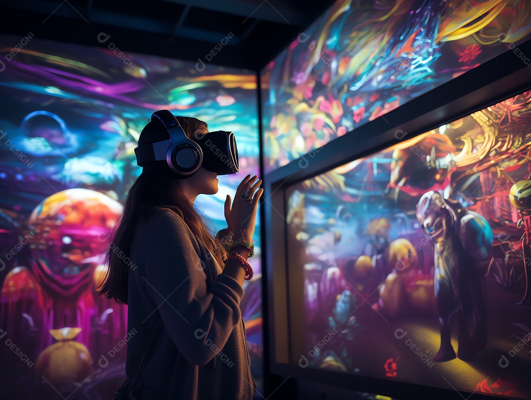 Mulher usando fone de ouvido de realidade virtual, olhando em volta para uma exposição de tecnologia