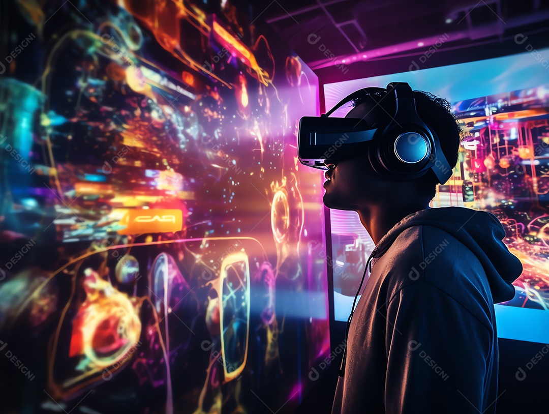 Mulher usando fone de ouvido de realidade virtual, olhando em volta para uma exposição de tecnologia
