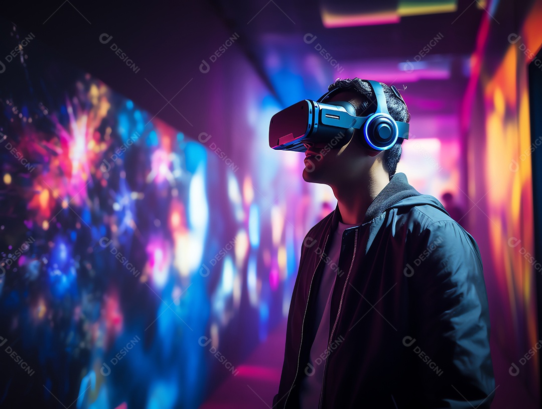 Mulher usando fone de ouvido de realidade virtual, olhando em volta para uma exposição de tecnologia