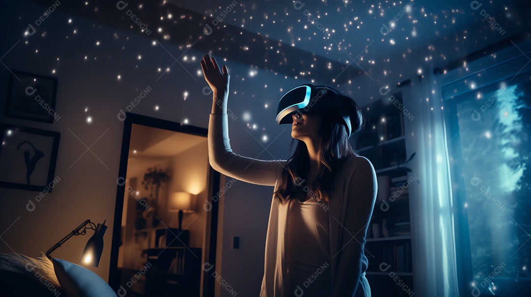 Mulher usando fone de ouvido de realidade virtual, olhando em volta para uma exposição de tecnologia