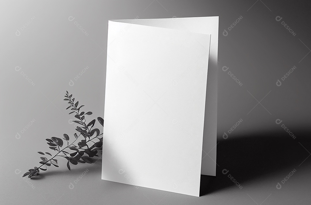 Convite de cartão de casamento em branco simulado com folhas naturais para fundo decorado