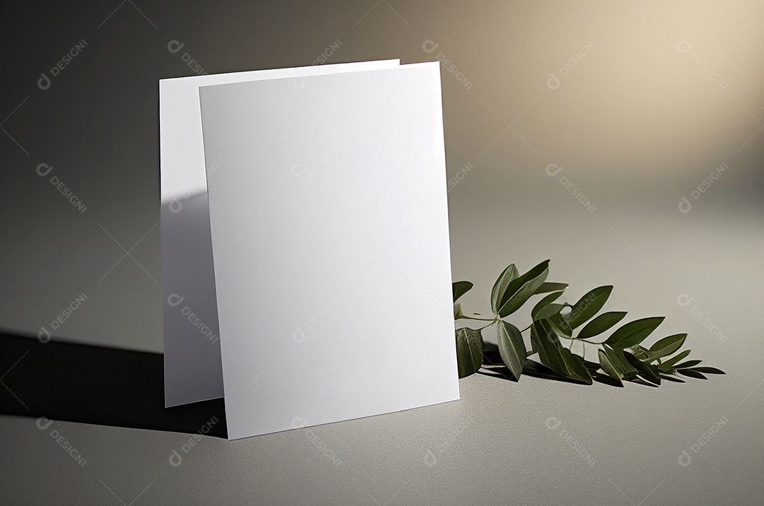 Convite de cartão de casamento em branco simulado com folhas naturais para fundo decorado