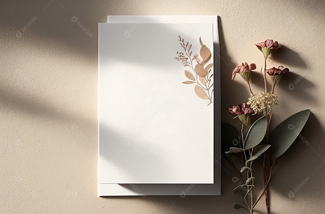 Convite de cartão de casamento em branco simulado com folhas naturais para fundo decorado