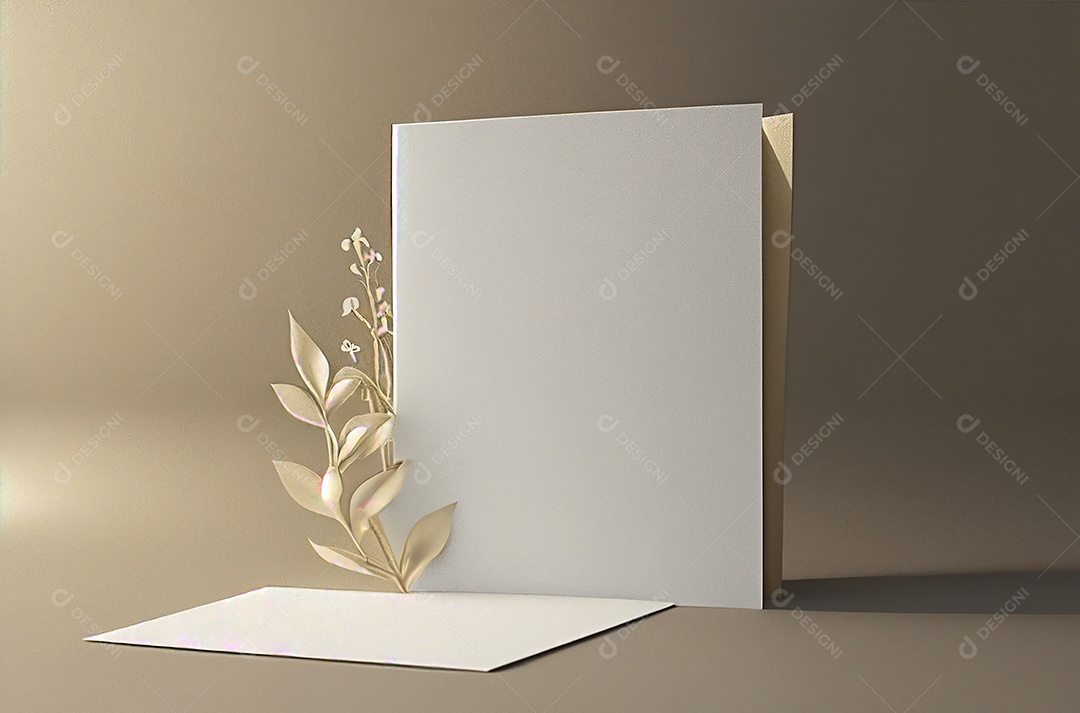 Convite de cartão de casamento em branco simulado com folhas naturais para fundo decorado