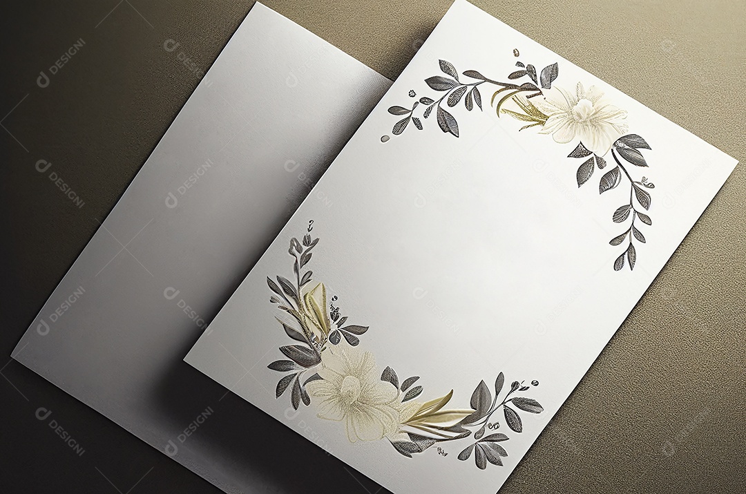 Convite de cartão de casamento em branco simulado com folhas naturais para fundo decorado