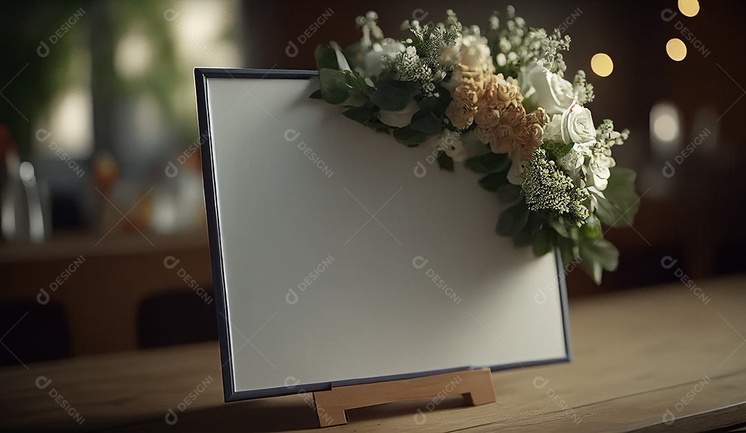 Convite de cartão de casamento em branco simulado com folhas naturais para fundo decorado