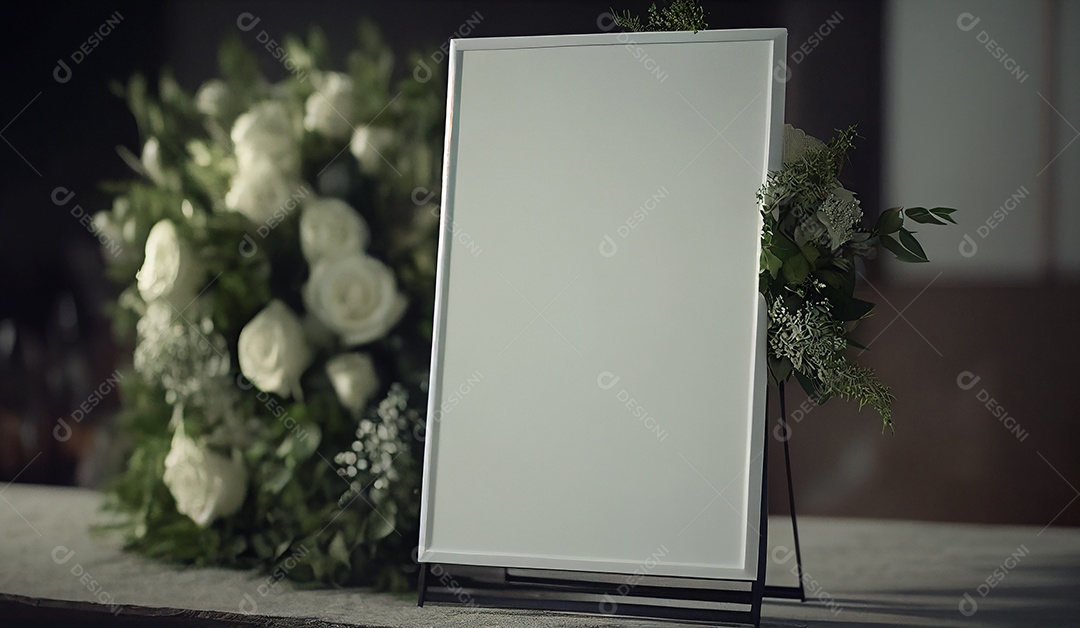Convite de cartão de casamento em branco simulado com folhas naturais para fundo decorado