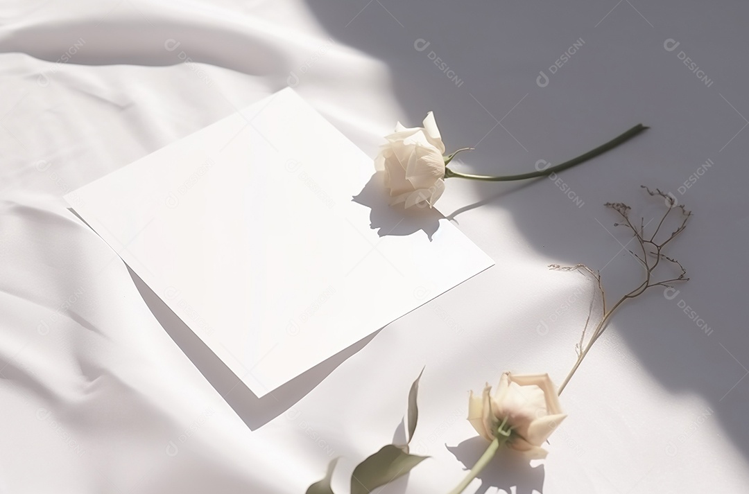 Convite de cartão de casamento em branco simulado com folhas naturais para fundo decorado