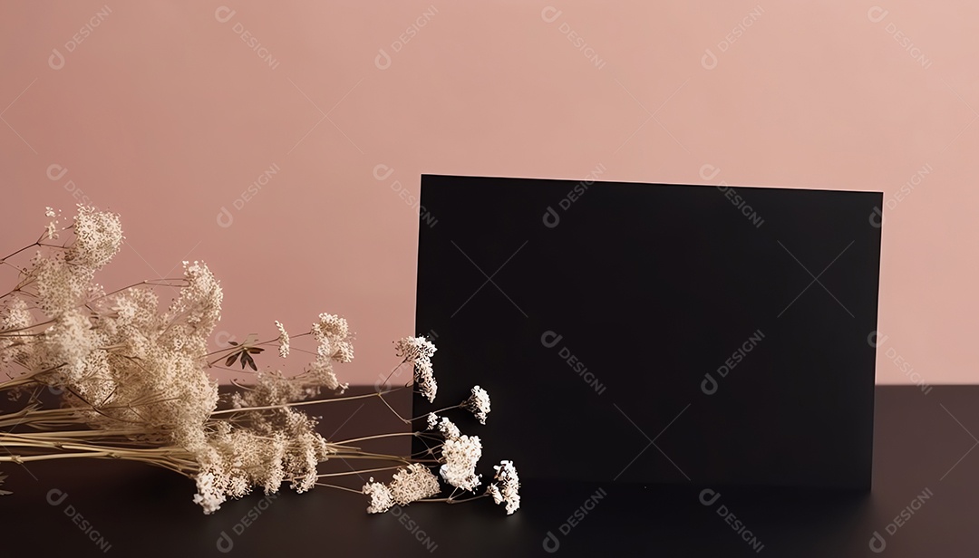 Cartão de casamento preto em branco ou carta convite simulado com flor natural para fundo decorado