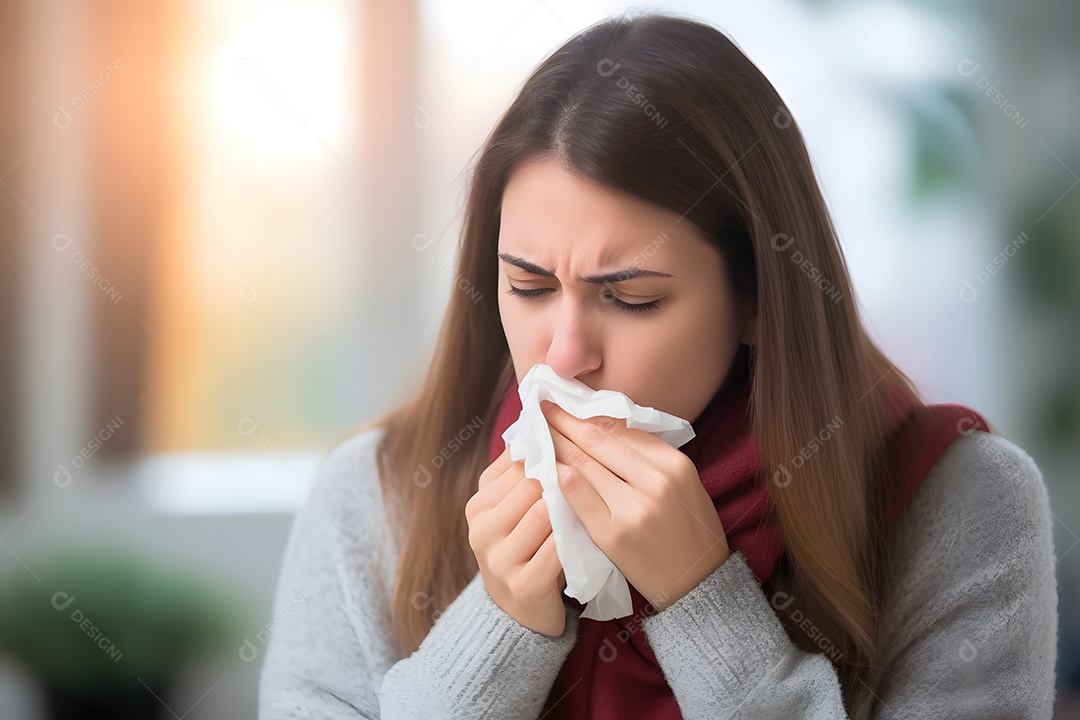 Mulher com gripe assoando o nariz