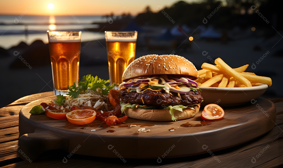 Delicioso lanche de hamburguer com copo de cerveja