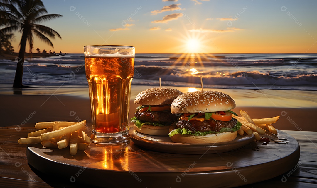 Delicioso lanche de hamburguer com copo de cerveja