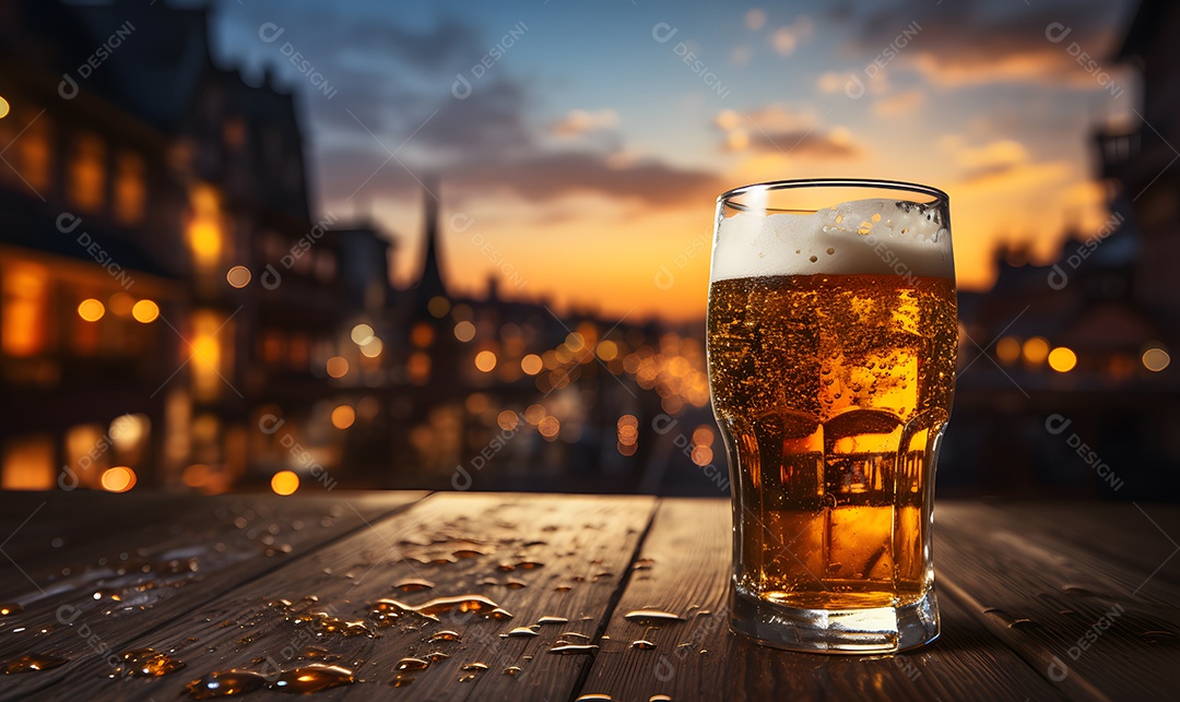 Copo de cerveja sobre a mesa de madeira