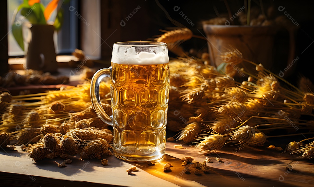 Copo de cerveja sobre a mesa de madeira