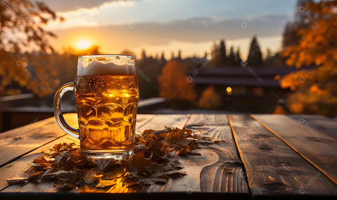 Copo de cerveja sobre a mesa de madeira