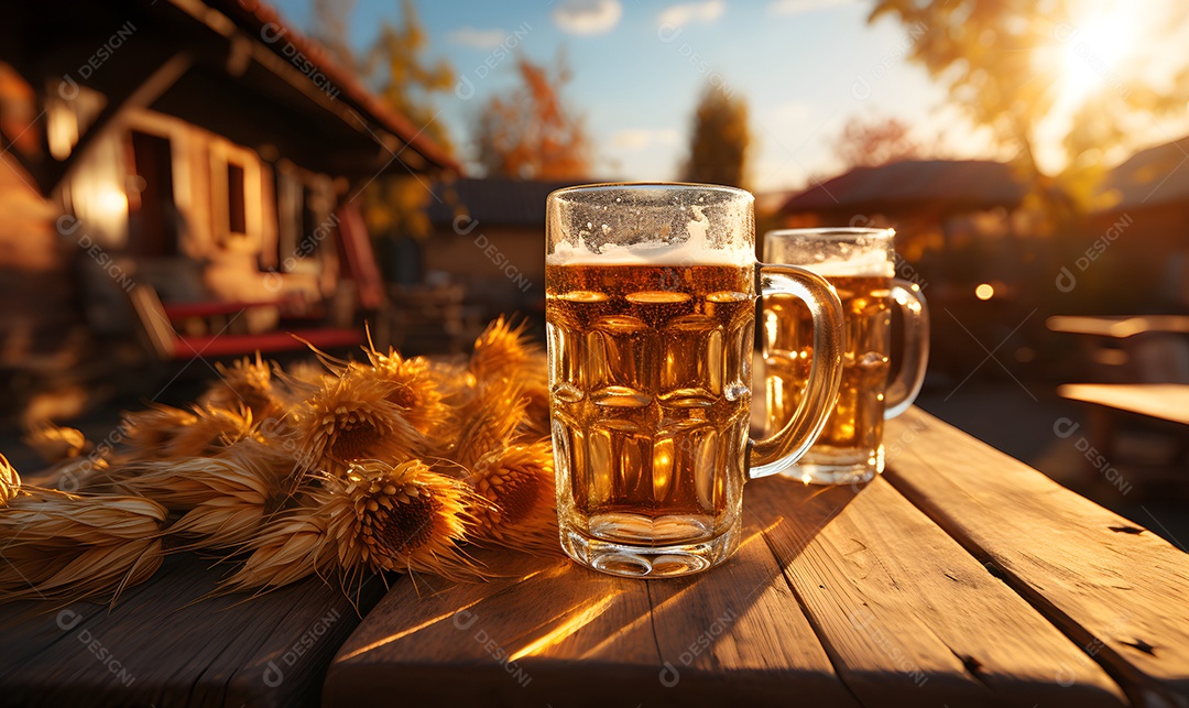 Copo de cerveja sobre a mesa de madeira