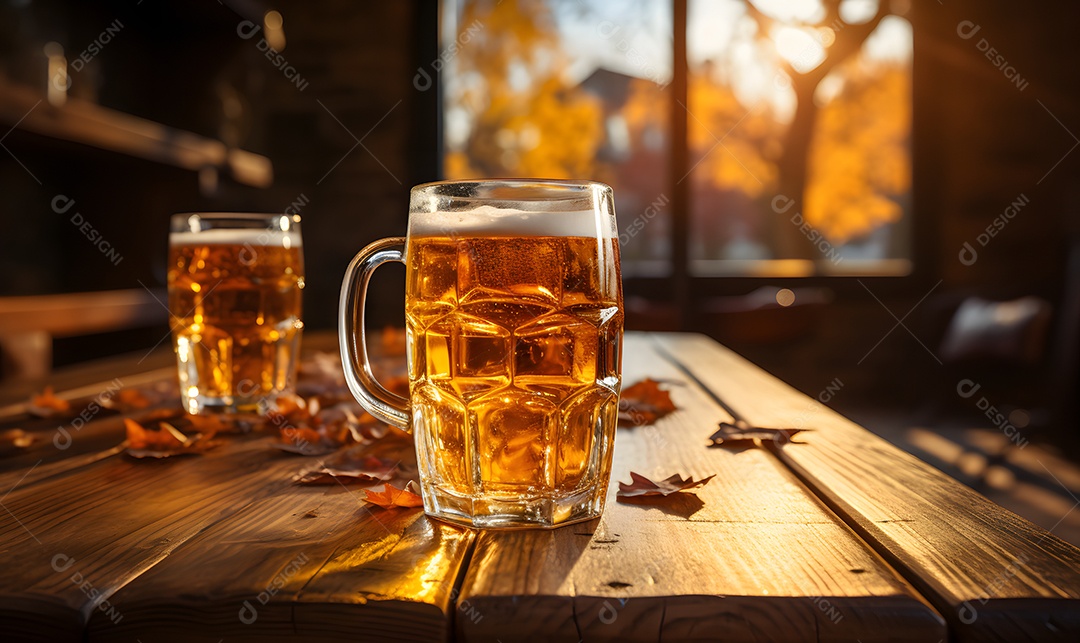 Copo de cerveja sobre a mesa de madeira