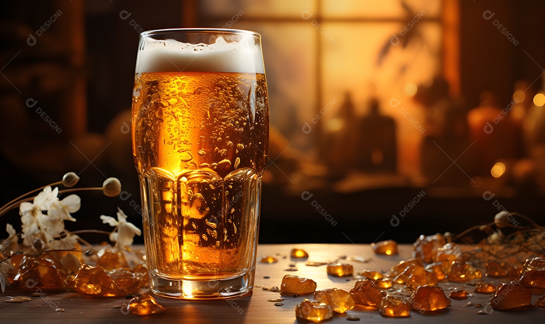 Copo de cerveja sobre a mesa de madeira