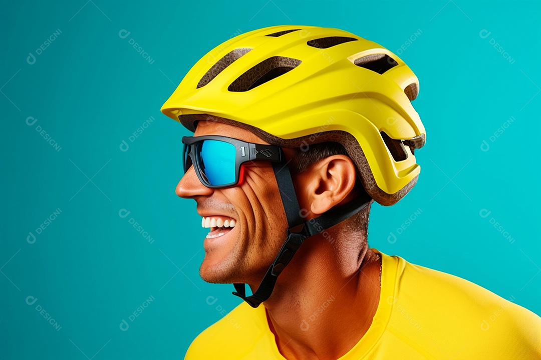 Ciclista de montanha com capacete e óculos de sol