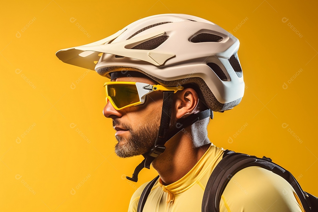 Ciclista de montanha com capacete e óculos de sol