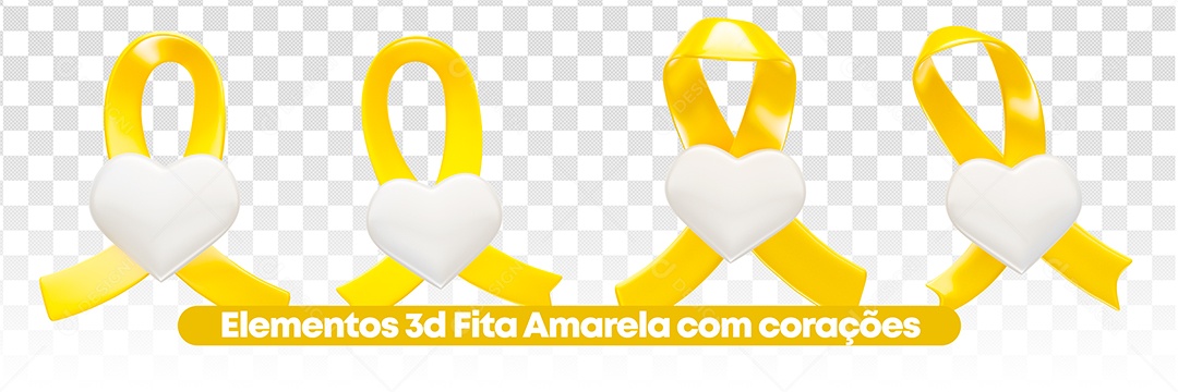 Elemento 3D Fita Amarela com Corações Para Composição PSD