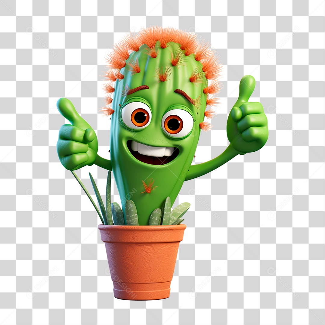 Cacto Sorrindo Sinal de Positivo Cartoon PNG Transparente