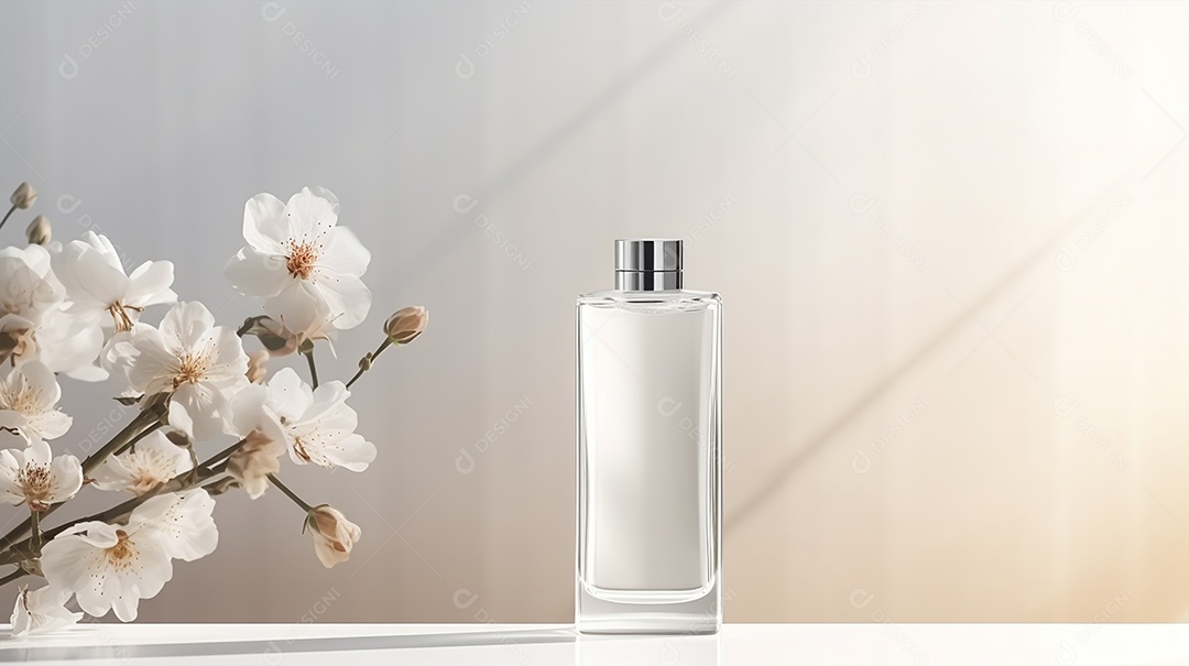 Galhos de flores com frasco de perfume