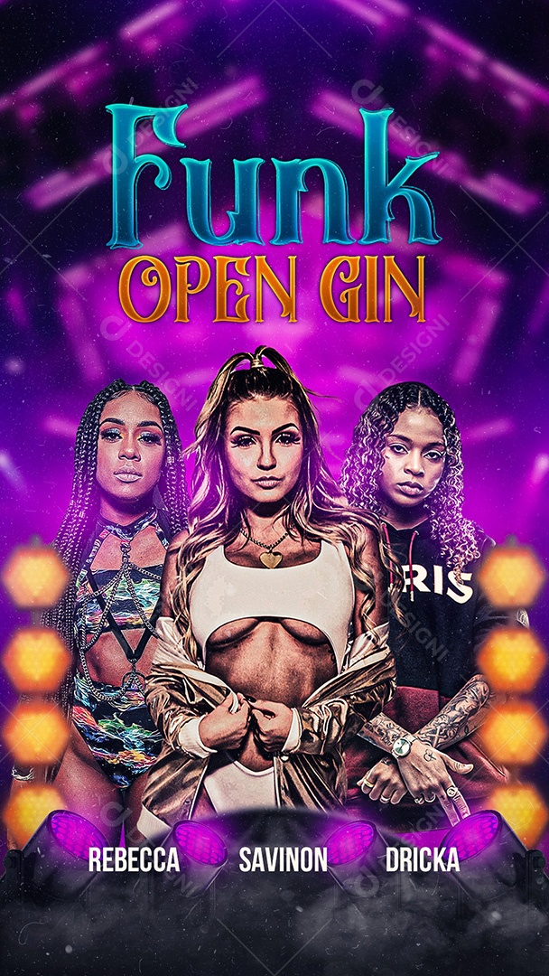 Flyer Funk Open Gin Rebecca, Savinon e MC Dricka Story Social Media PSD Editável