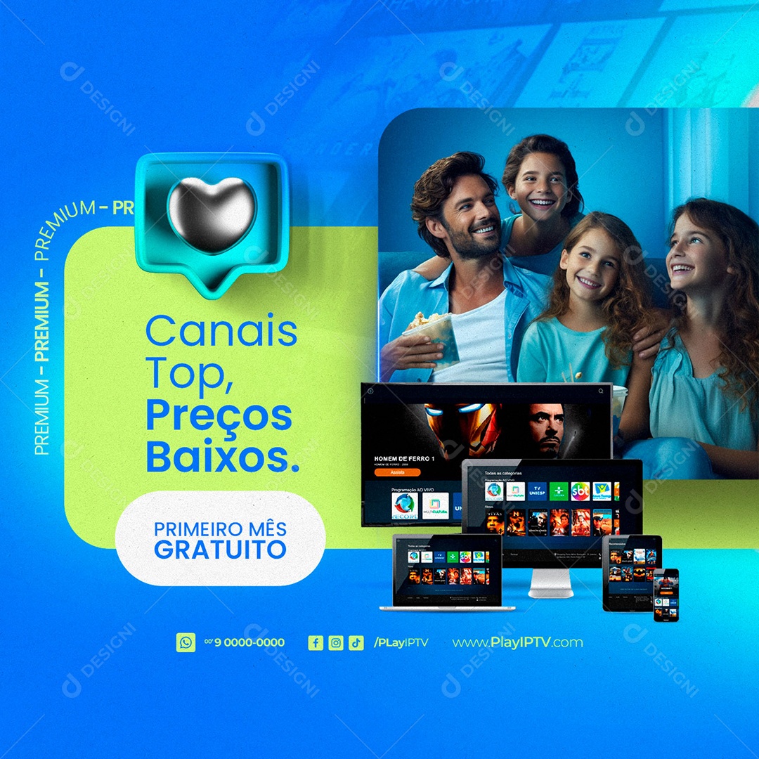 IPTV Canais Top Preços Baixos Primeiro Mês Gratuito Social Media PSD Editável