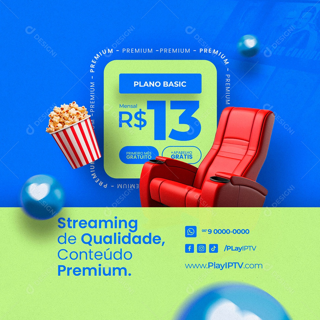 IPTV Streaming de Qualidade Conteúdo Premium Plano Basic Social Media PSD Editável