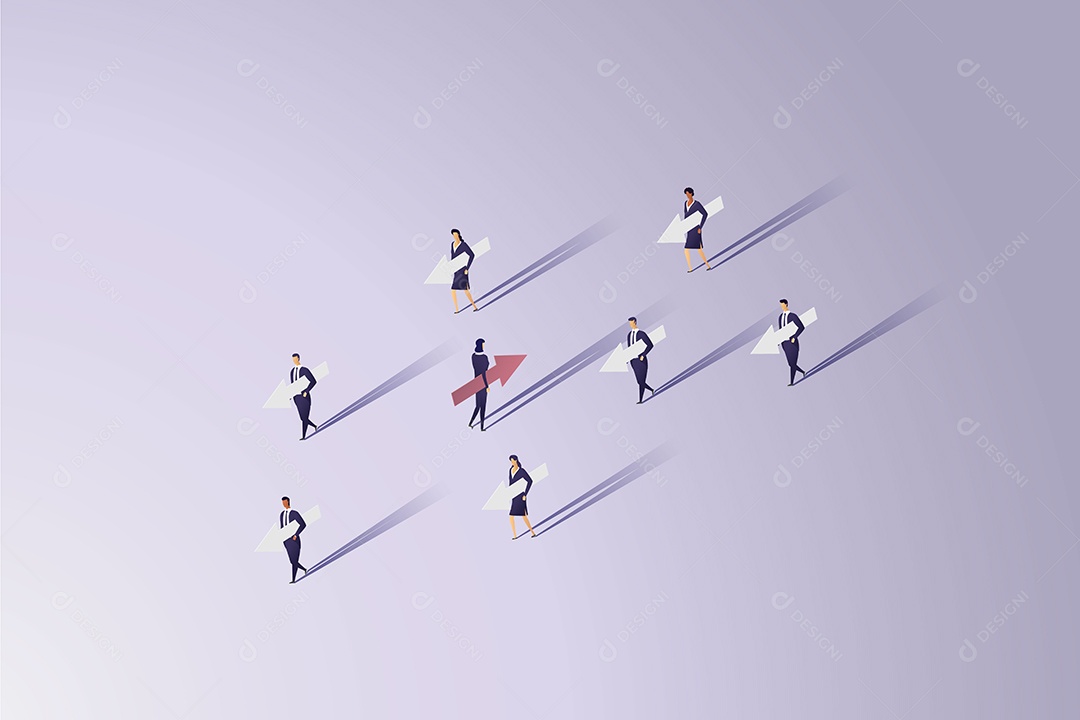 Empresária Segurando Flecha Andando na Direção Oposta Ao Grupo de Empresários Segurando Flechas Vetor EPS