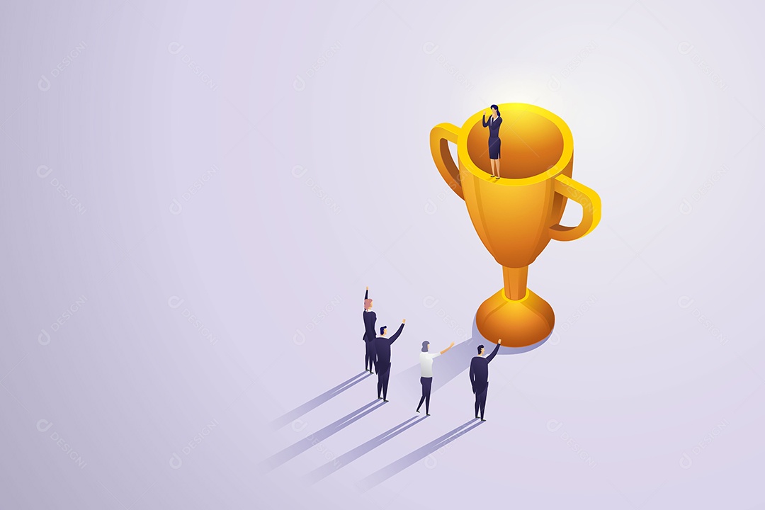 Equipe Vencedora Tem Uma Empresária Em Pé no Troféu Vetor EPS